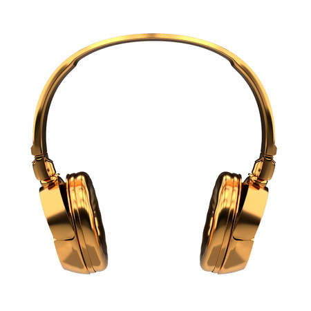 Modern Golden Headphones Isolated on white Background. Creative Design in Minimal Style. 3D render Illustration.の写真素材