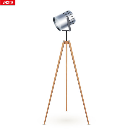 Decorative Spotlight Floor Lamp Tripod Original Sample Model with solid wood legs. For Loft, Living Room, Bedroom, Study Room and Office. Vector Illustration isolated on white background.のイラスト素材