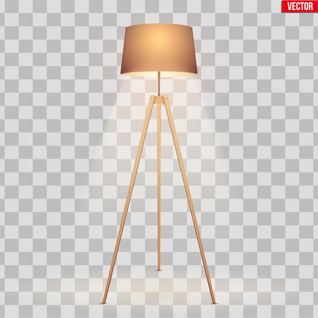 Decorative Floor Lamp Tripod Original Sample Model with Black Silk Shade and solid wood legs. Switch On. Vector Illustration isolated on transparent background.のイラスト素材