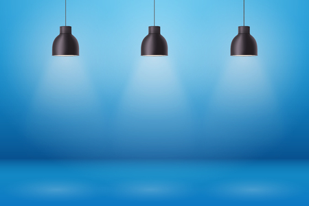 Vintage Metal pendant cone lamps on blue painting wall background. Original Retro design of sample room. Hang ceiling model. Vector illustrationのイラスト素材