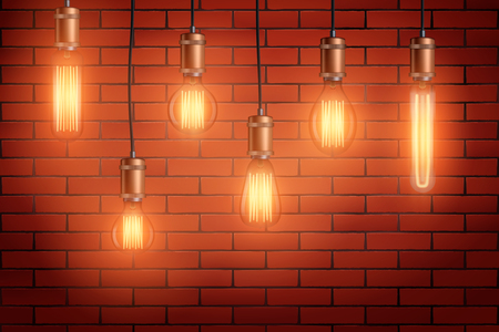 Decorative Retro design edison light bulb set on brick wall background. Vintage and antique style with copper for loft and cafe. Switch On. Vector Illustrationのイラスト素材