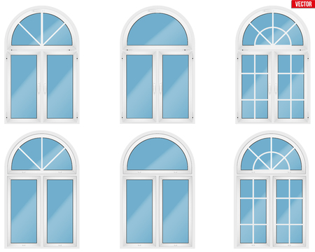 Set of Metal plastic PVC windows with arch style. Indoor and outside view. Presentation of models and frame installation. White color. Sample Vector Illustration isolated on white background.のイラスト素材