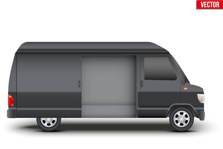 Original classic van VIP black minibus with door open. Cargo and service van transportation. Editable Vector illustration Isolated on white background.のイラスト素材