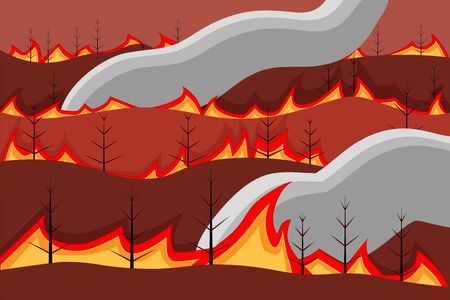 Wildfire forest. Fire in Forest. Trees burned during the dry season. Flame and smoke in mountain. Vector Illustration.のイラスト素材