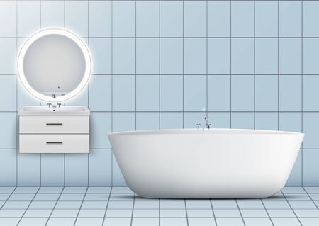 Bath and Washbasin cabinet with circle mirror and light. Domestic and hotel bathroom design Interior. White porcelain sink and wooden stand cabinet. Front view. Vector Illustrationのイラスト素材