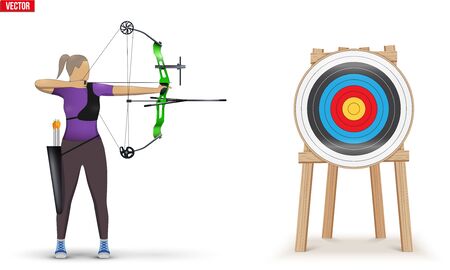 Archer with Bow Archery and Target. Athlete Archer Woman Aiming an arrow. Infographics of Archery Sport Equipment. Vector Illustration isolated on white background.のイラスト素材