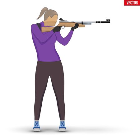 Shooter with Air Rifle. Shooting Sport Equipment Illustration. Athlete Shooter Woman Aiming. Vector Illustration isolated on white background.のイラスト素材
