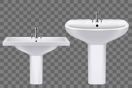 Set of Classic ceramic rectangle and oval washbasins with water tap. Porcelain washstand. Sample sink with faucet For Bathroom and Restroom. Vector Illustration on transparent background.のイラスト素材