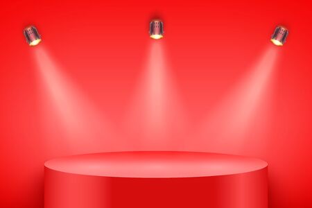 Light box with Red presentation circle podium on light backdrop with three spotlights. Editable Background Vector illustration.のイラスト素材