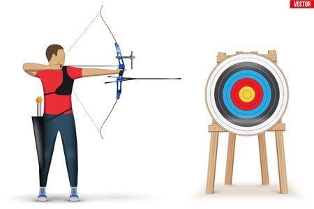 Archer with Bow Archery and Target. Athlete Archer Man Aiming an arrow. Infographics of Archery Sport Equipment. Vector Illustration isolated on white background.のイラスト素材