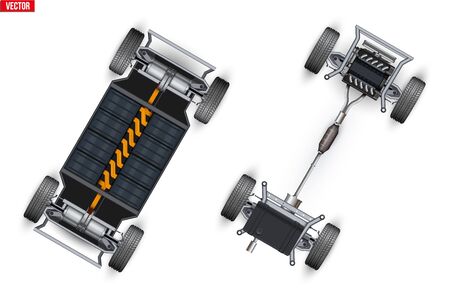 Set of Car rolling Chassis. Unibody and Electric types. Vehicle chassis with engine and battery. Front wheel drive under body car. Vector Illustration isolated on white background.のイラスト素材