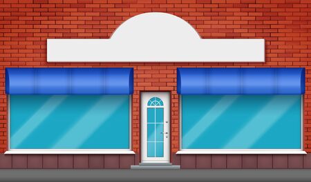 Exterior of shop facade with two big glass showcase and signboard. Facade of red brick wall and big windows and door with marquise blind. Hotel Street view. Vector Illustration.のイラスト素材