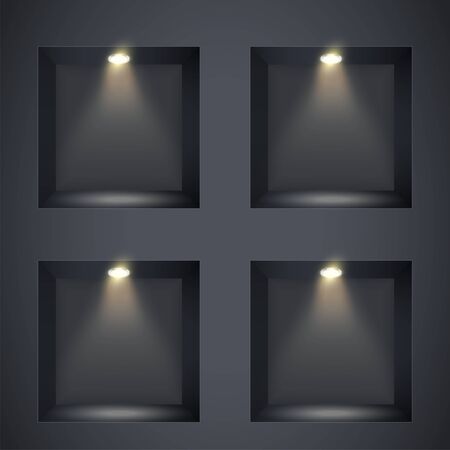 Wall with niches and spotlights. Concept of gallery. Recess in a dark wall in square shaped with point light. Black color. Editable Background Vector illustration.のイラスト素材