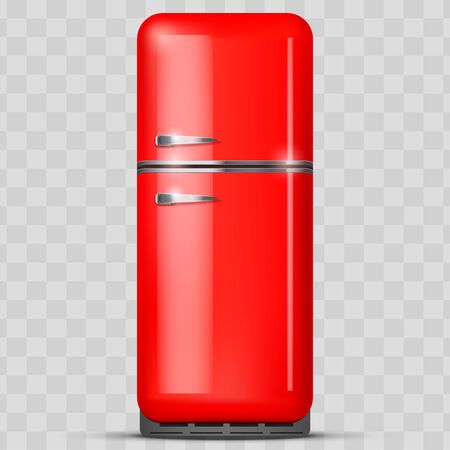 Vintage Fridge refrigerator in red retro color. Household appliances. Vector isolated on transparent background.のイラスト素材