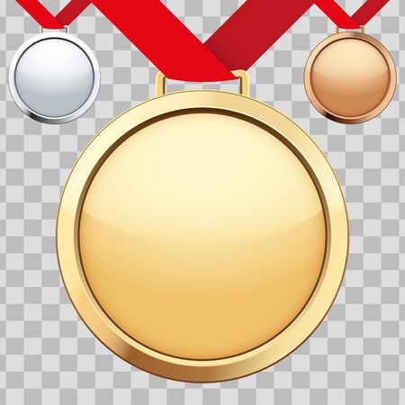 Set of sport medals with ribbon. Bronze and Silver and Gold Medals. Vector Illustration isolated on transparent background.のイラスト素材