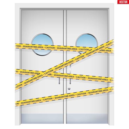 Hospital doors with warning yellow tapes. Element from medical hall. Emergency entrance with Epidemic barrage lines. Vector Illustration isolated on white background.のイラスト素材