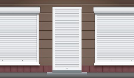 Exterior of shop facade with closed storefront and door. Facade of brick wall and Closed Roller Shutters. Shop Street view. Vector Illustration.のイラスト素材