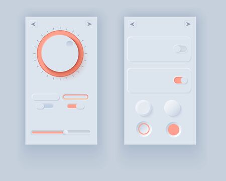 Neumorph UI kit. Volume Knob with slider bar and switchers with buttons. Light color set. Skeuomorph Trend Design. Workflow Elements for smart technology applications. Vector illustration.のイラスト素材