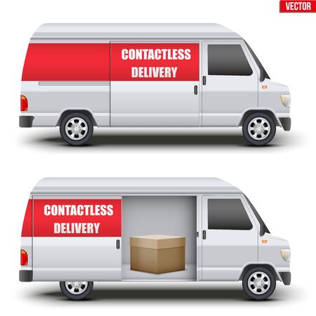 Contactless delivery van with cardboard box inside. Bus with Contactless delivery tag on door. Vector illustration Isolated on white background.のイラスト素材