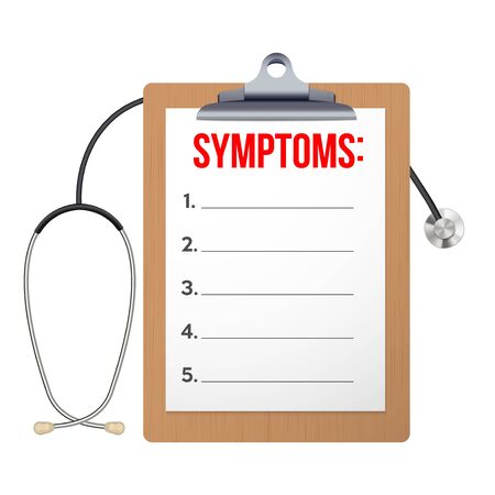 Blank clipboard with symptom paper and stethoscope. The Blackboard concept of doctor examination and diagnosis. Editable Vector illustration isolated on white background.のイラスト素材