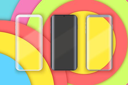 Smartphone layout presentation mockup on art color background. Example frameless model mobile phone with touchscreen. Project application mockup. Vector Illustrationのイラスト素材