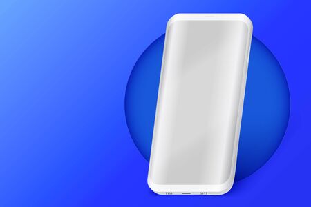 Smartphone layout presentation mockup on blue color. Example frameless model mobile phone with touchscreen on circle. Project application mockup. Vector Illustrationのイラスト素材