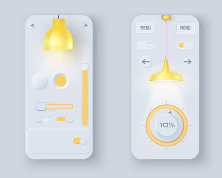 Neumorph UI kit of lamp shop on device screen. Volume Knob with slider bar and switches. Store of hanging lamp. Skeuomorph Trend Design with smart technology applications. Vector illustration.のイラスト素材
