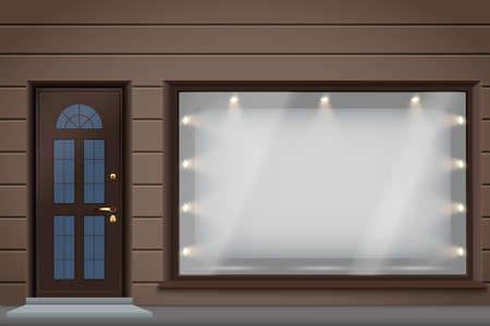 Shop facade exterior with big glass storefront and door. Facade of granite wall and big window. Shopping Street view. Vector Illustration.のイラスト素材