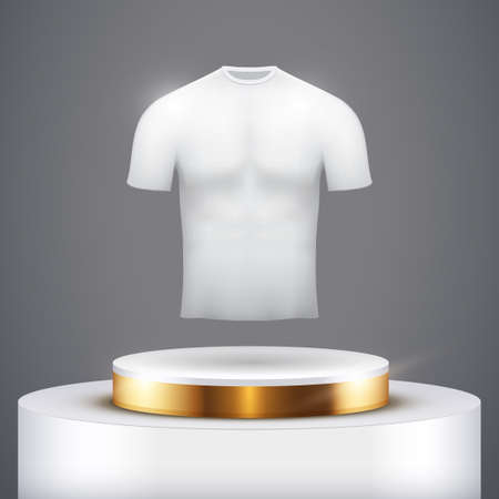 Black presentation circle podium with t-shirt and gold line level. Clothing and Apparel Mockup. Editable Vector illustration.のイラスト素材