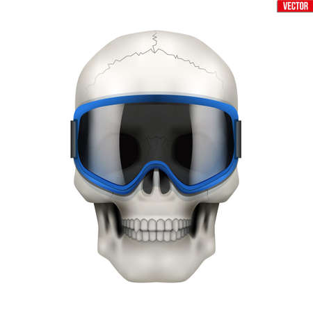 Skull with ski goggles. Extreme label with skull head. Sticker and patches winter extreme. Vector Illustration on isolated white backgroundのイラスト素材