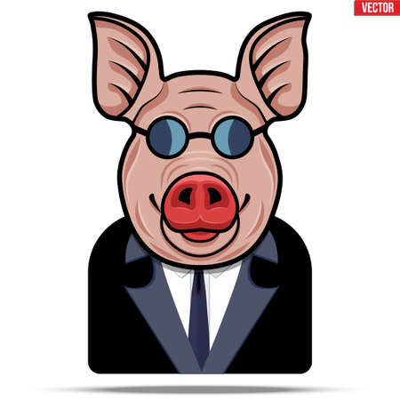 Pig in a suit and glasses. Businessman in the guise of a boar. Unclean and fraudulent business concept and metaphor. Vector Illustration.のイラスト素材