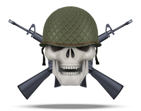 Skull with USA helmet and rifles cross. American military for labels and patches. Helmet and m16 rifles. Vector Illustration on isolated white backgroundのイラスト素材