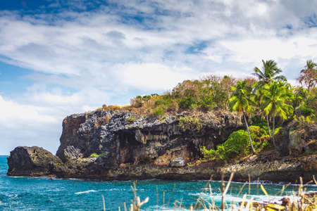 Wild tropical rocky shore, bay, lagoon. Sea Splash, Green palm trees on the rocks. Las Galeras, Samana, Dominican Republicの写真素材