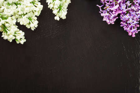 Purple and white lilac flowers  against the background of a slate board