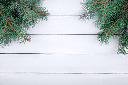 spruce branches on wooden table top viewの写真素材