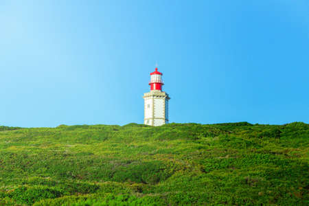 lighthouse on a green hill in sunny dayの写真素材