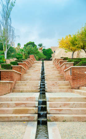 stairs with fountains in Alcazaba castle, Almeria, Spain