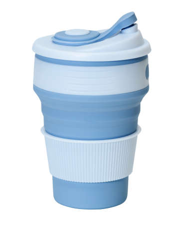Eco friendly reusable blue silicone cup transformer mug for coffee or tea isolated on white backgroundの写真素材