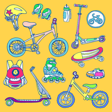 Color set of sporting goods for kids. Vector icons Illustration. Doodle. Scooter, rollers, skate, bicycle, sneakers, backpack, helmet, water. Summer children's holidayのイラスト素材