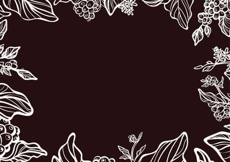 Template with branch of coffee tree with leaves, flowers and coffee beans. Botanical drawing. Floral decor. Place for text. Vector illustration for greeting card, background, magazines and websitesのイラスト素材