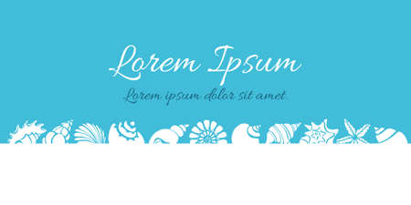 Template. Set of silhouettes of sea shells. Starfish, shell, conch, spiral, helix. Place for text. Undersea world. Vector illustration for symbol, greeting card, wallpaper, backgroundのイラスト素材