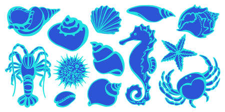 Set of crab, sea horse, cancer, seashell, sea urchin, starfish. Sketch style vector. Marine collection. Underwater world. Silhouette shapes. Doodle illustrationのイラスト素材