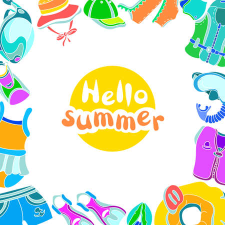Template with swimming goods for kids and phrase Hello summer on white background. Vector color illustration. Vest, mask, tube, swimsuit, cap, panama, fins, swimming trunks. Summer children's holidayのイラスト素材