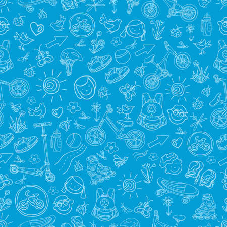 Pattern of sporting goods for kids icons Illustration. Scooter, rollers, skate, bike, sneakers, backpack, helmet. Summer children's holidayのイラスト素材