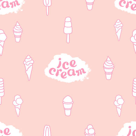 Pattern of ice cream and lettering on pink . Collection of delicious ice cream. Soft art line.  illustration for your summer dessert menu.のイラスト素材