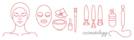 Cosmetology. Set of tools for beauty and youthful skin on white background. Vector illustration isolated and grouped for easy editing. Face, mask, brush, cream, cleansing, massageのイラスト素材