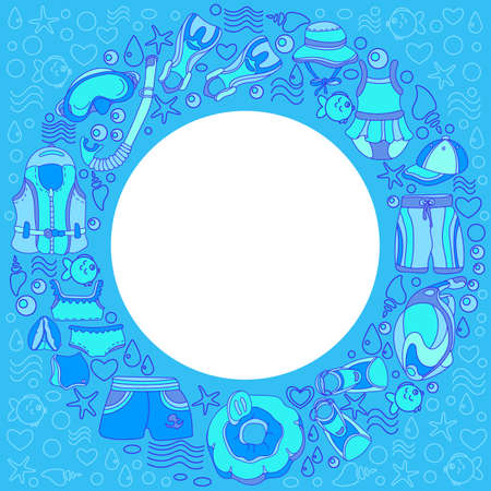 Template with swimming goods for kids in circle on blue background. Vector illustration. Vest, mask, tube, swimsuit, swimsuit, inflatable ring, waistcoat, swimming trunks. Summer children's holidayのイラスト素材