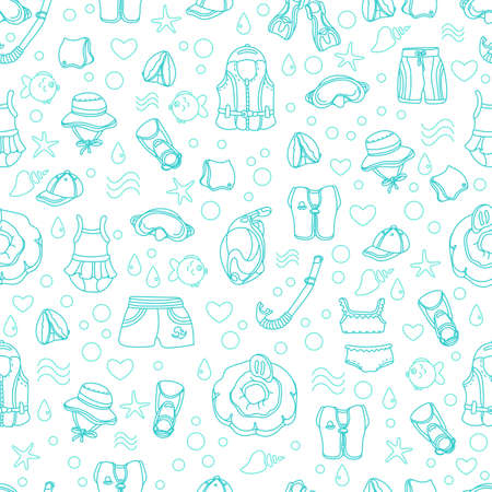 Seamless pattern of swimming goods for children on white background. Vector. Art line Illustration. Set. Vest, mask, tube, swimsuit, cap, panama, fins, swimming trunks. Summer kid's holidayのイラスト素材