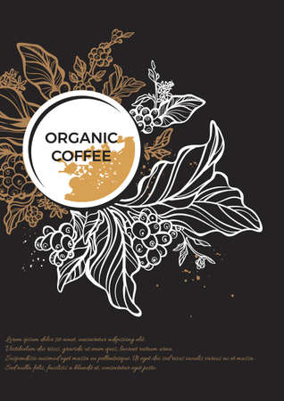 White and gold branch of coffee tree with leaves, flowers and coffee beans. Botanical drawing in circle. Art line. Floral decor for organic product. Vector illustration for template, menu, backgroundのイラスト素材