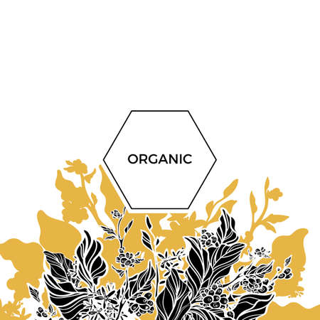 Trendy template. Organic. Coffee branches with leaves, flowers and natural coffee beans. Design. Black and white, gold. Silhouette. Copy space. Vector illustration with icosahedron Eps.10のイラスト素材
